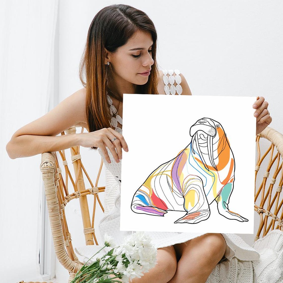 Minimalist Line Walrus Drawing with Color Accents Modern Animal Poster - Image 3