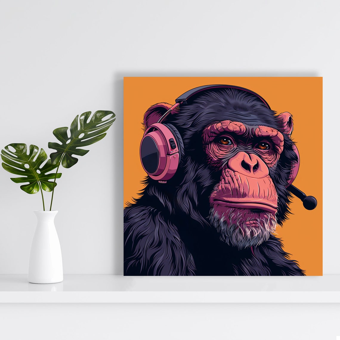Chimpanzee Wearing Pink Headphones Orange Background Music Pop Poster - Image 2