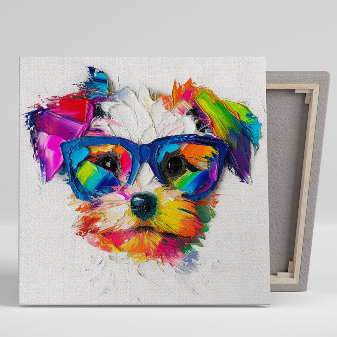 Colorful Puppy Wearing Blue Glasses Pop Art Style Portrait Wall Poster
