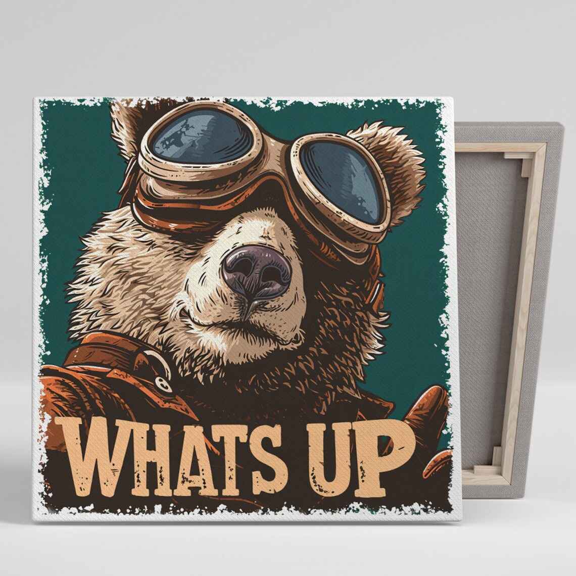 Aviator Bear Whats Up Vintage Pilot Goggles Retro Teal Game Room Wall Art