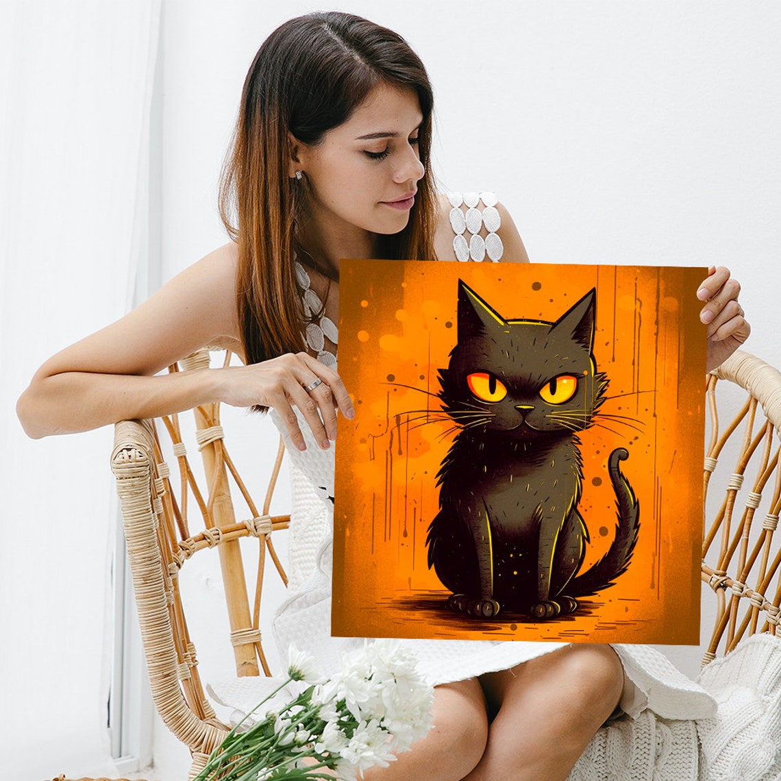 Black Cat Glowing Orange Eyes Moody Halloween Wall Art Poster - Image 3