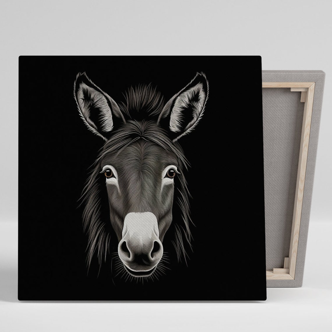 Monochrome Donkey Portrait Black Background Elegant Line Art Print