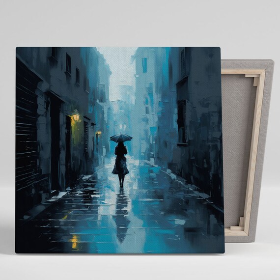Rainy Night Alley Umbrella Woman Blue Moody Street Painting Poster