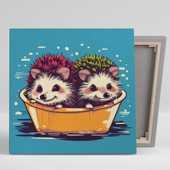 Two Hedgehogs Bathing Orange Tub Colorful Pop Art Teal Background Poster