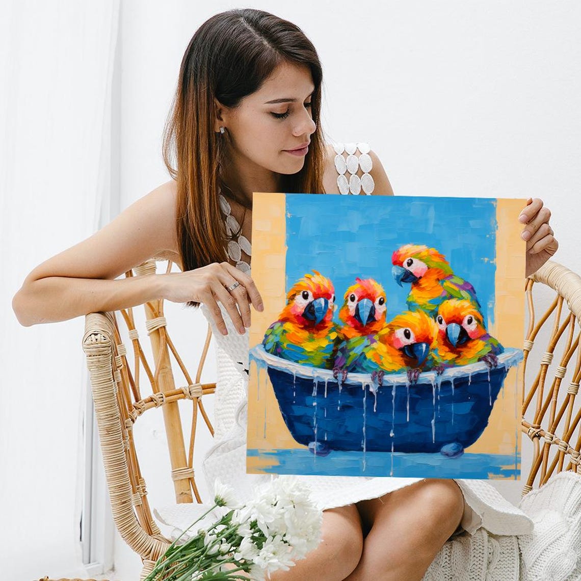 Five Colorful Conures Bathing Blue Tub Funny Parrots Party Wall Poster - Image 3