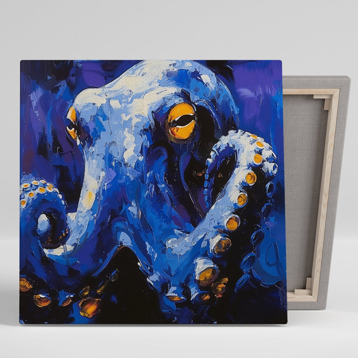 Blue Octopus Closeup Golden Eyes Bold Impasto Marine Art Poster