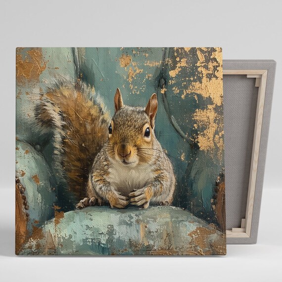 Cute Squirrel Sitting In Enchanted Teal Gold Forest Rustic Woodland Poster