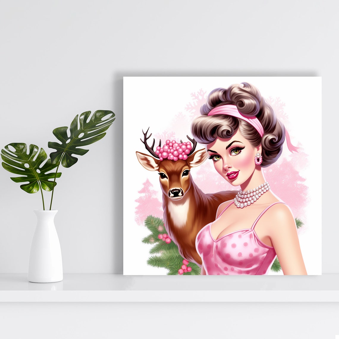 Retro Pin Up Winter Fantasy Pink Deer Bohemian Glam Wall Poster - Image 2