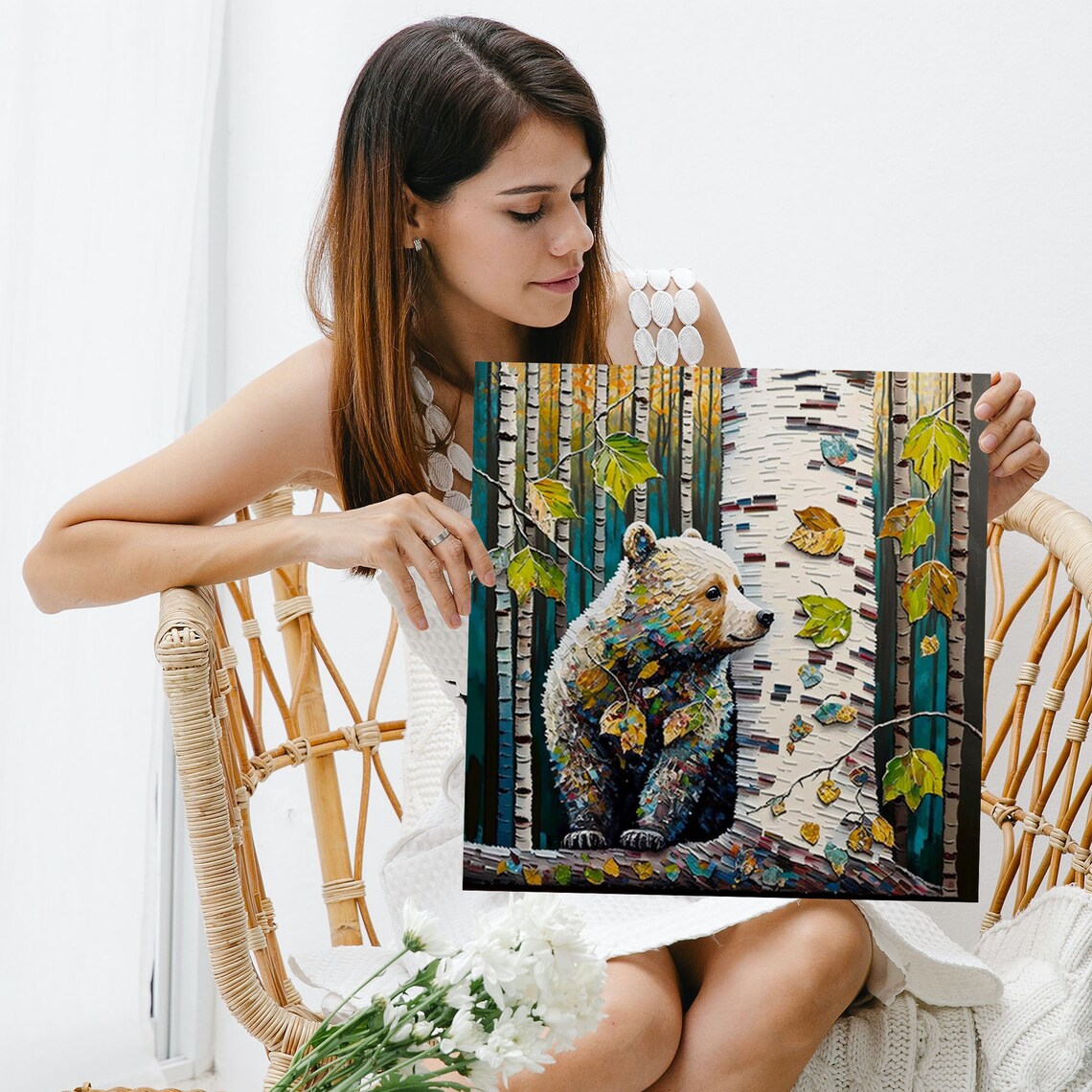Birch Tree With Bear, Modern Nature Wall Art Print - Image 3