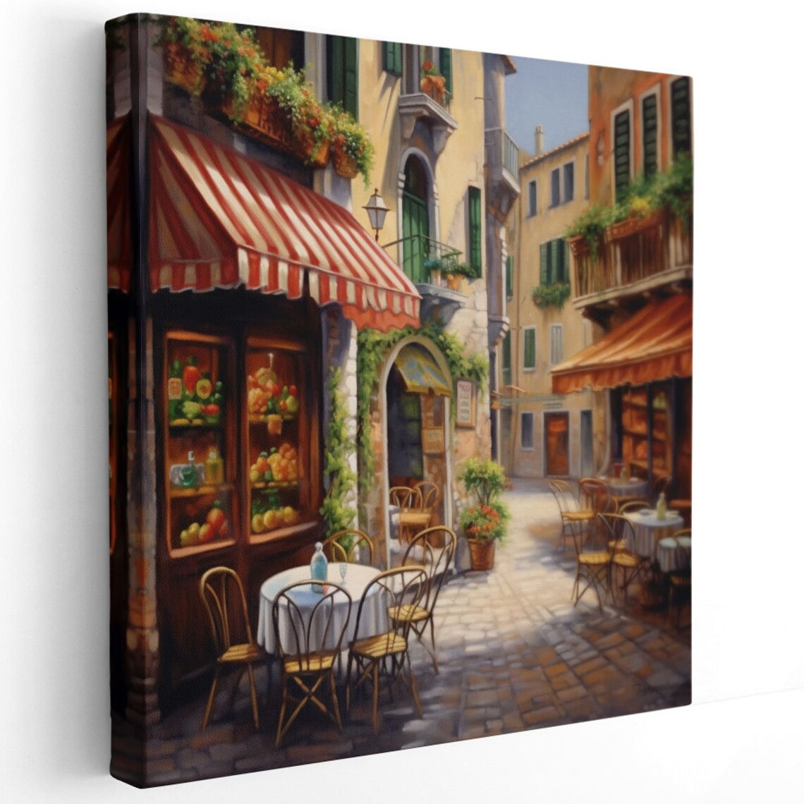 Sunny Mediterranean Cafe Street Striped Awnings Bistro Scene Poster - Image 3