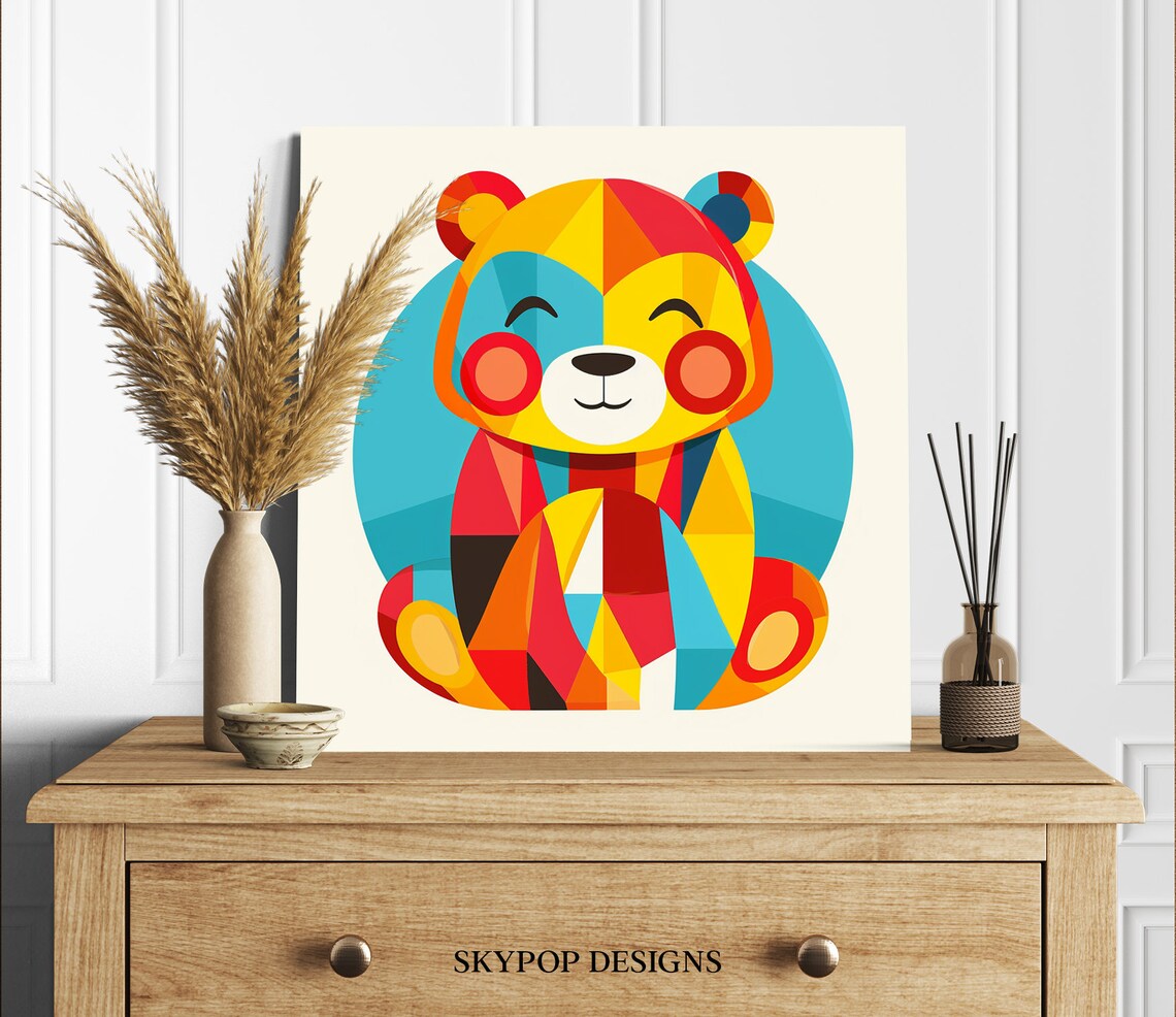 Geometric Smiling Bear Colorful Red Yellow Teal Nursery Kids Art Poster - Image 2