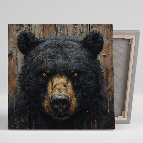 Black Bear Intense Amber Eyes Rustic Wood Wildlife Portrait Poster