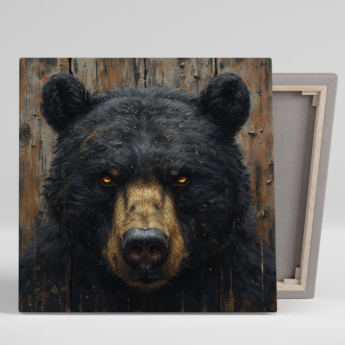Black Bear Intense Amber Eyes Rustic Wood Wildlife Portrait Poster