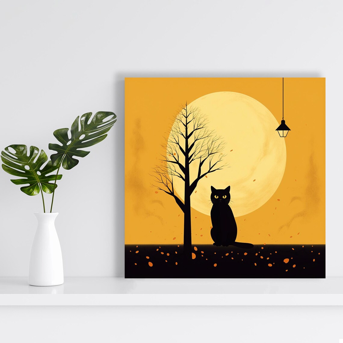 Black Cat Silhouette Under Autumn Moon Minimalist Night Sky Wall Poster - Image 2