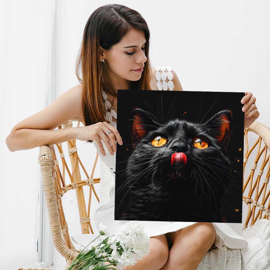 Fiery Feline Gaze, Gothic Living Room Art Print - Image 3