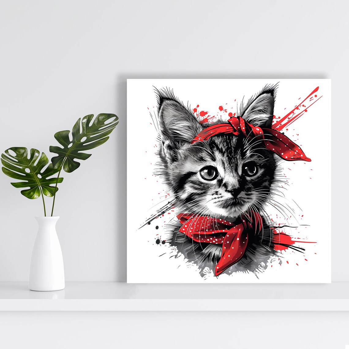 Kitten Red Bandana Rockstar Splash Ink Playful Portrait Wall Art - Image 2