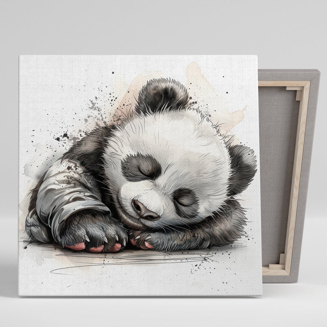 Sleeping Baby Panda Watercolor Soft Grey Cute Nursery Wall Poster