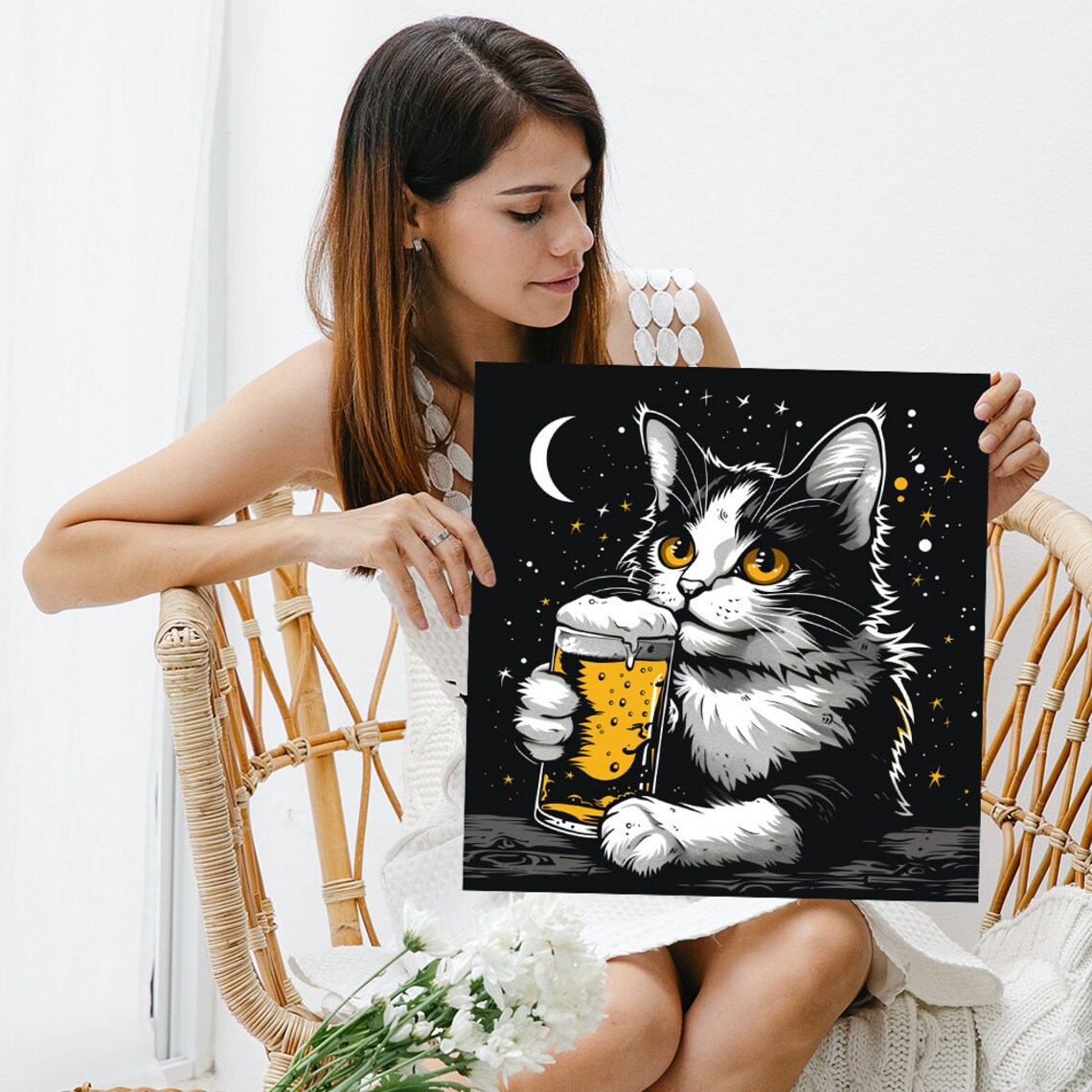 Cosmic Cat Beer Night, Whimsical Animal Art Print - Image 3