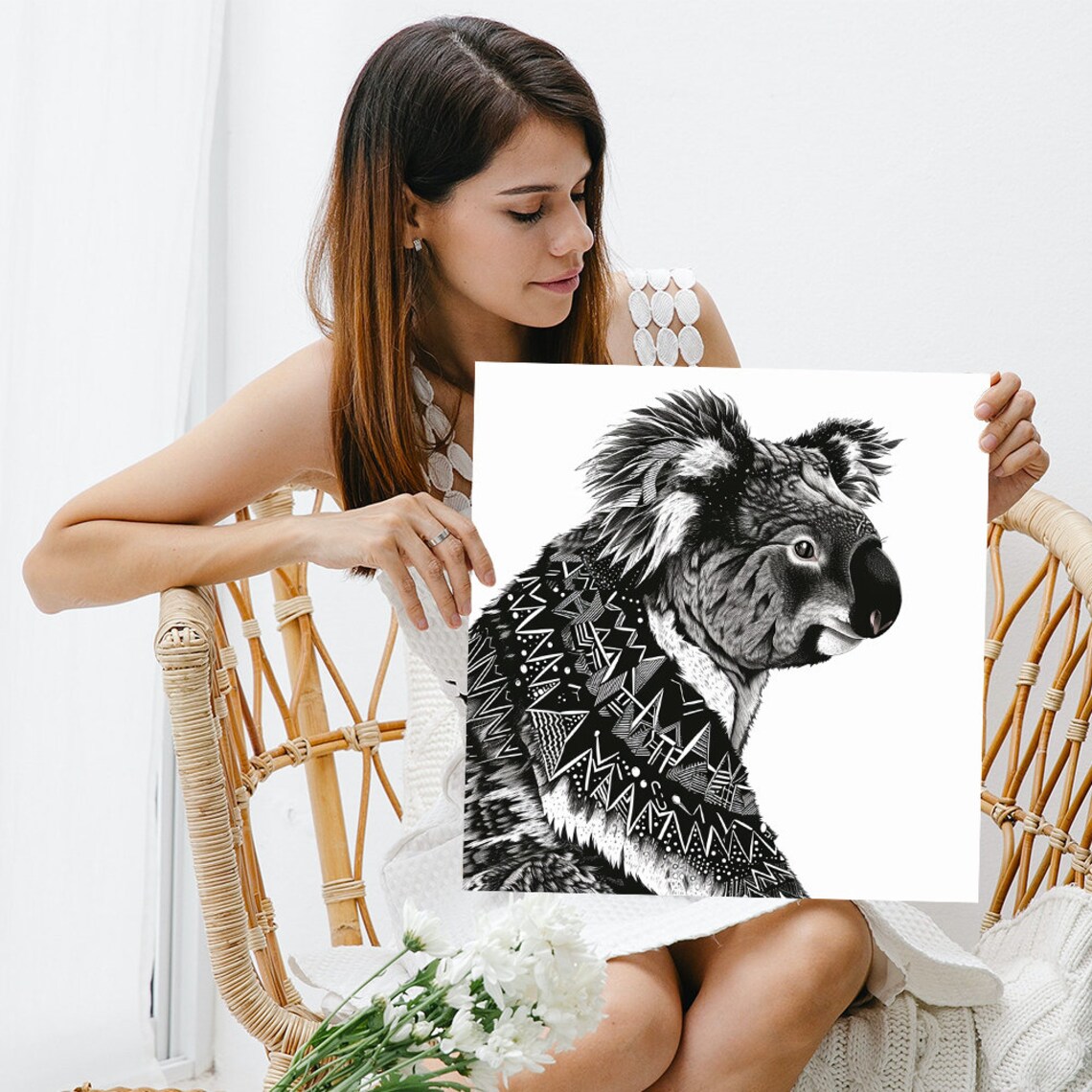 Koala Geometric Portrait Black White Line Art Modern Wall Art - Image 3