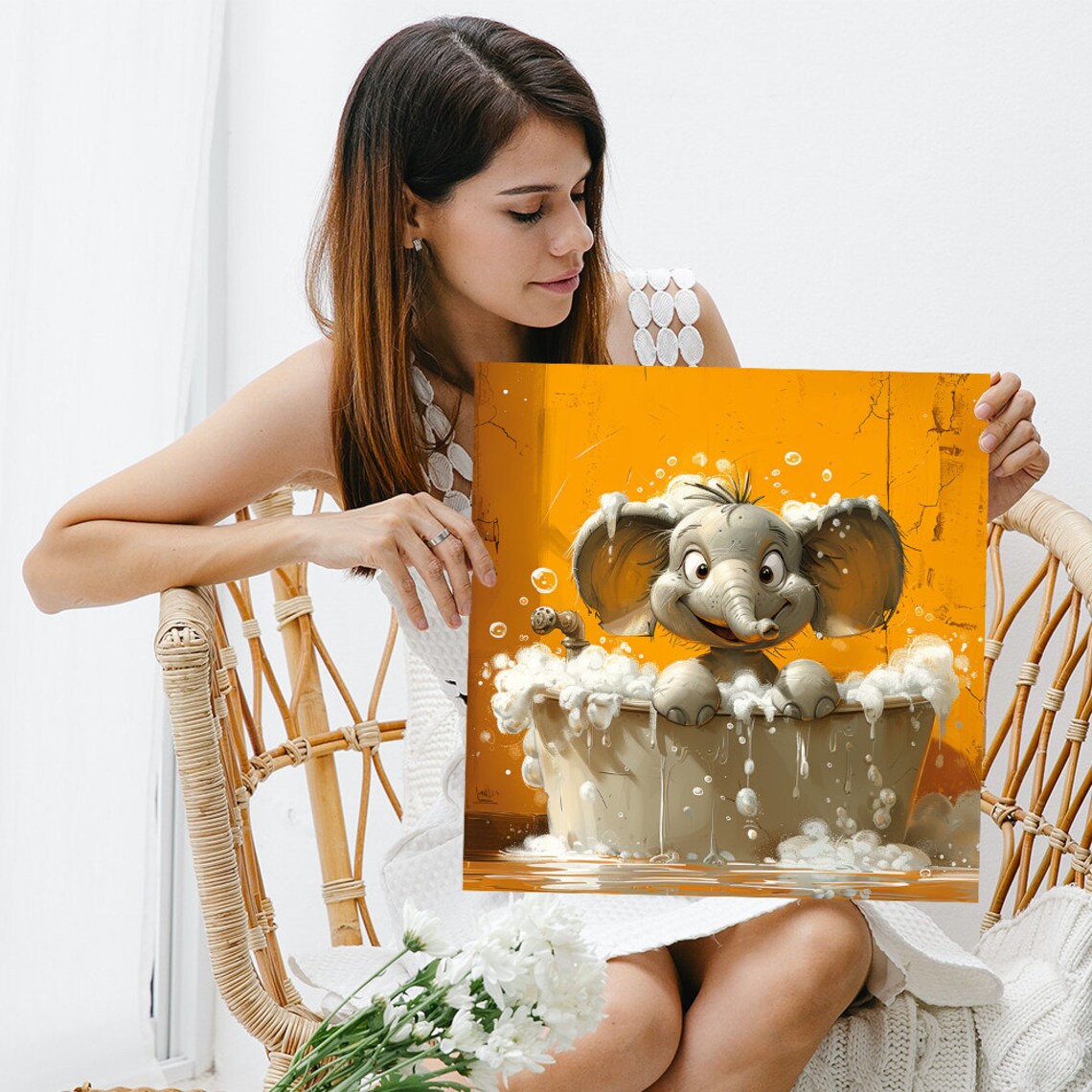 Playful Baby Elephant Bubble Bath Orange Background Whimsical Nursery Poster - Image 3