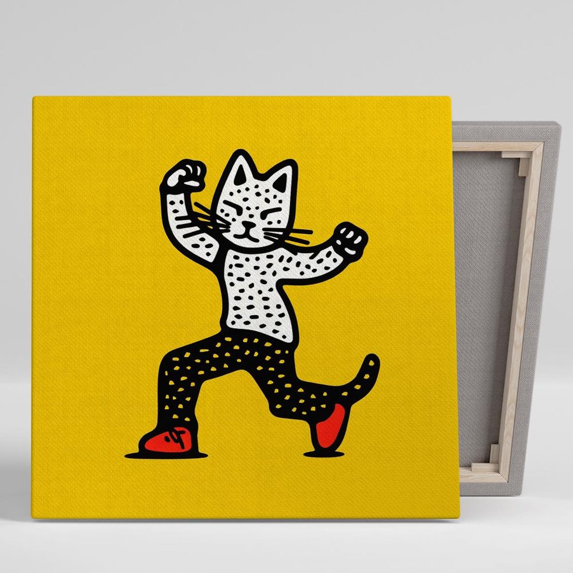Dancing Cat Doodle Yellow Background Retro Cartoon Groove Wall Poster
