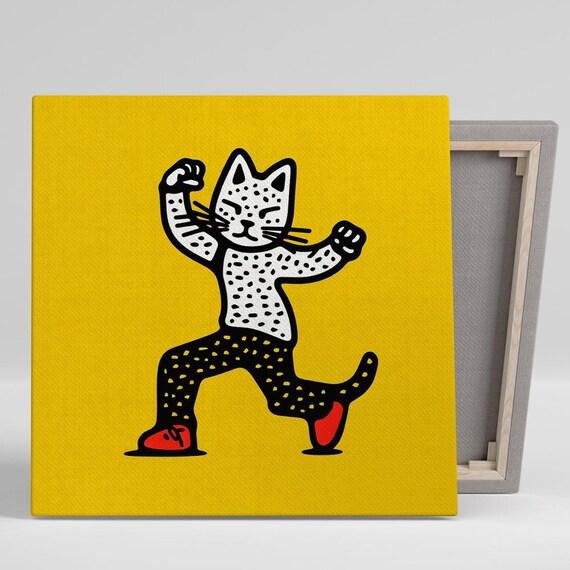 Dancing Cat Doodle Yellow Background Retro Cartoon Groove Wall Poster