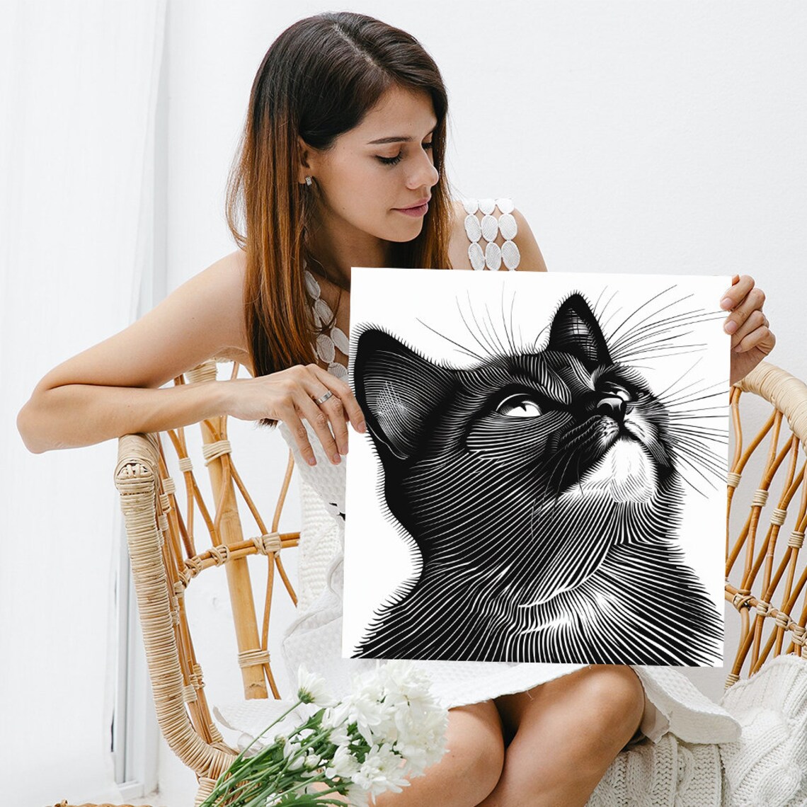 Black Cat Looking Up Minimalist Line Art Modern Feline Wall Art Poster - Image 3