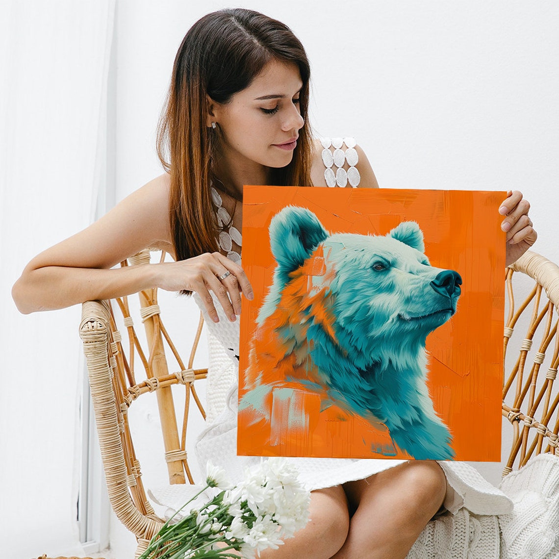 Polar Bear Pop Art Portrait Turquoise On Bold Orange Wall Poster - Image 3