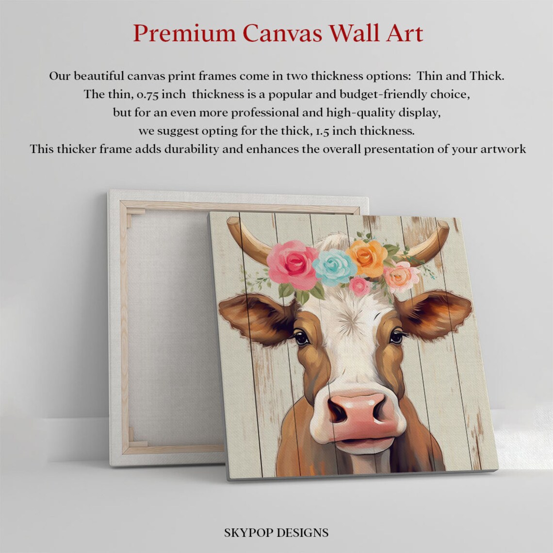 Smiling Cow With Flower Crown Cute Farmhouse Floral Cow Canvas Poster - Image 4