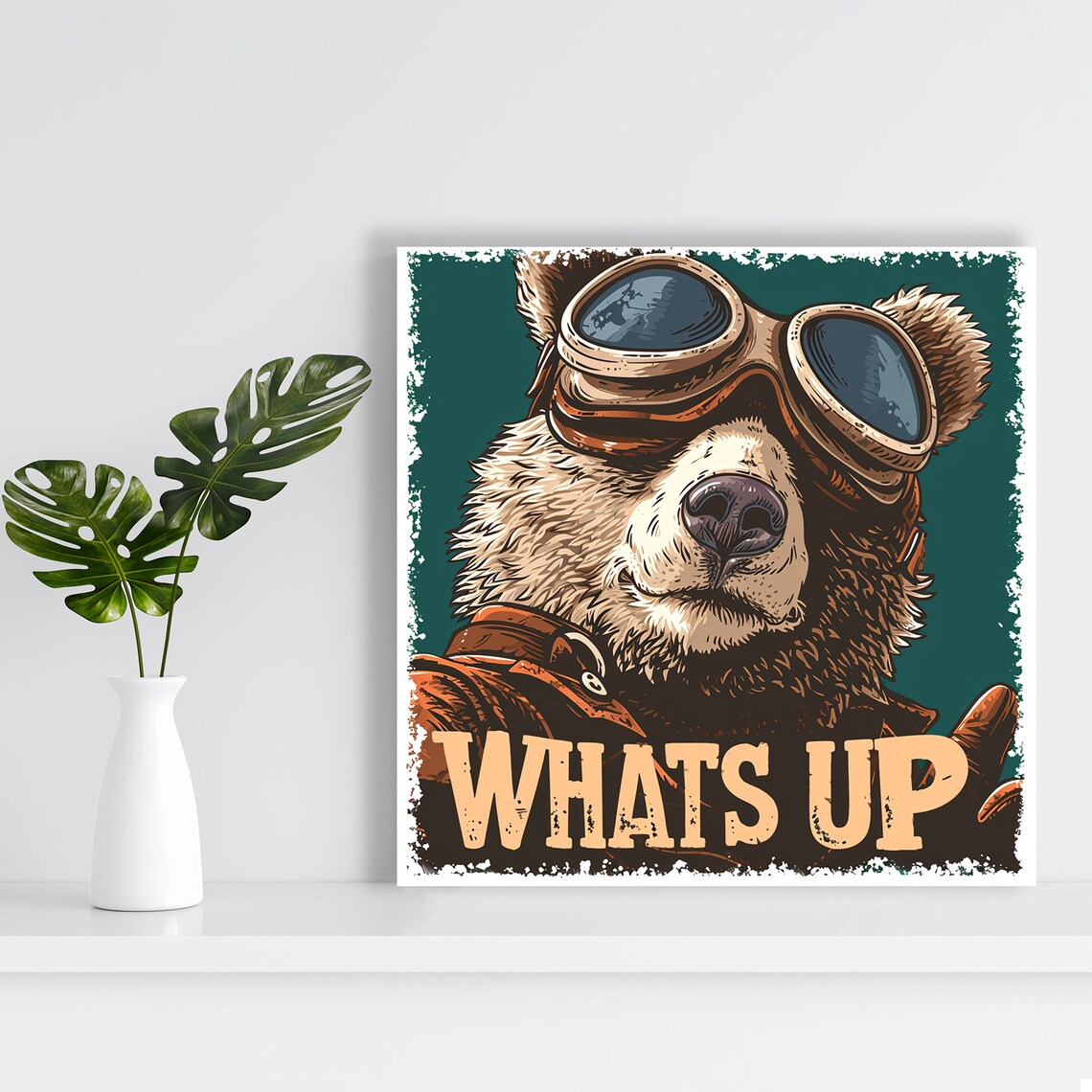 Aviator Bear Whats Up Vintage Pilot Goggles Retro Teal Game Room Wall Art - Image 2