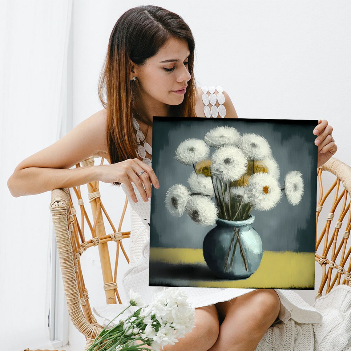 White Dandelion Seed Head Bouquet Blue Vase Modern Minimal Flower Poster - Image 3
