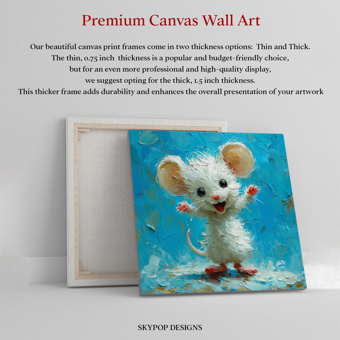 Happy White Mouse Blue Impasto Cheerful Kids Wall Art Poster - Image 3