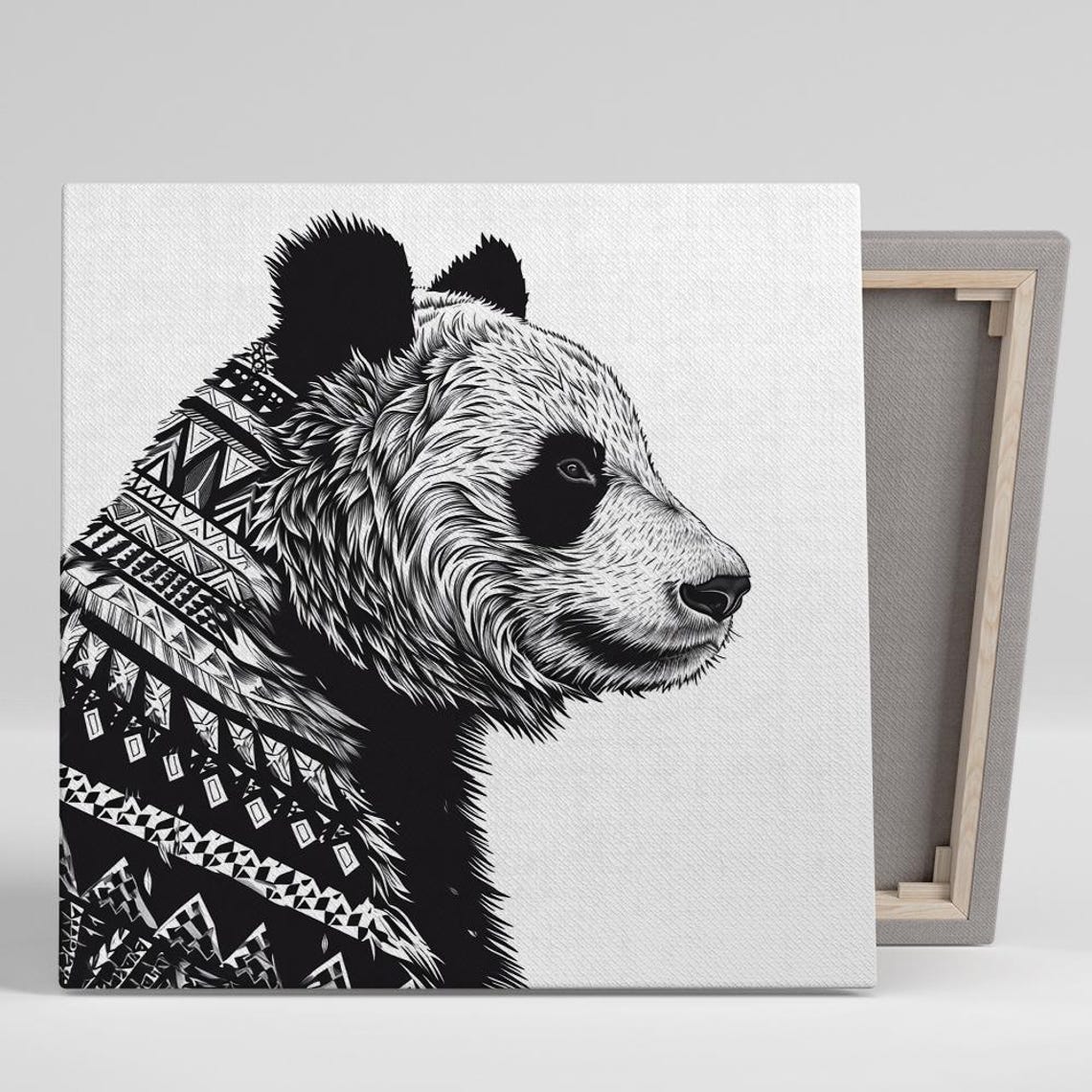 Panda Profile With Tribal Geometric Pattern Black White Ink Poster
