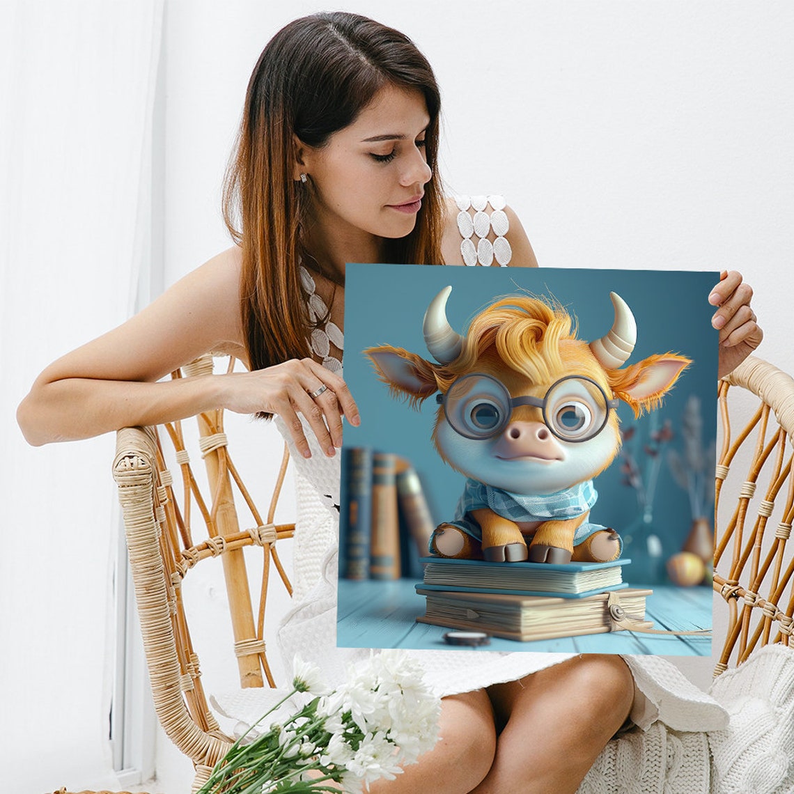 Studious Baby Cow Glasses Scarf Sitting On Books Cute Library Poster - Image 3