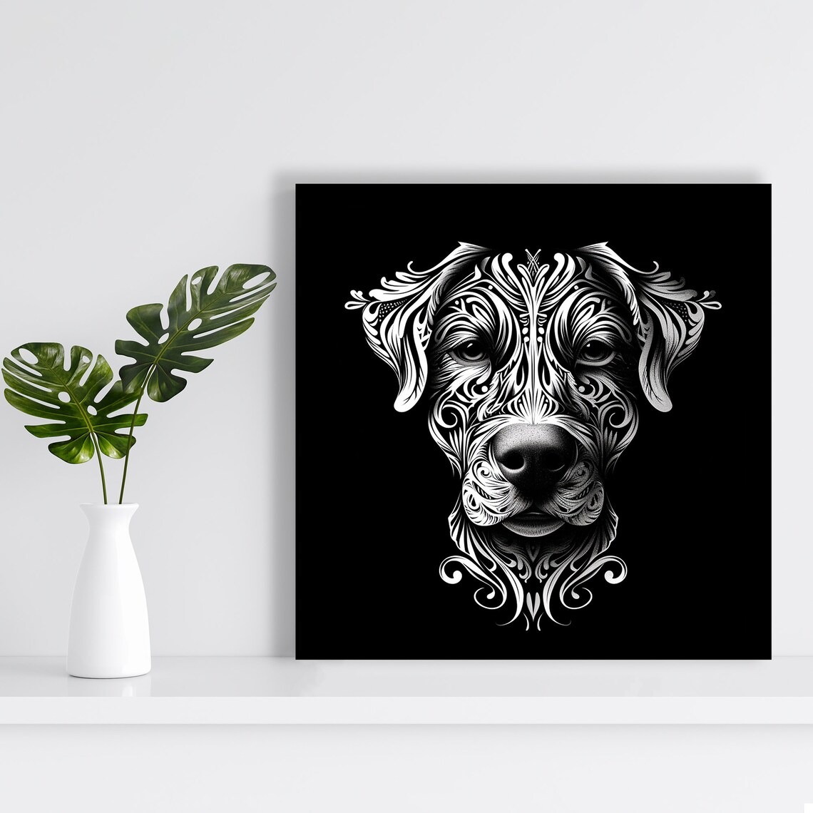 Symmetrical Dog Face White Filigree Line Art on Black Wall Poster - Image 2