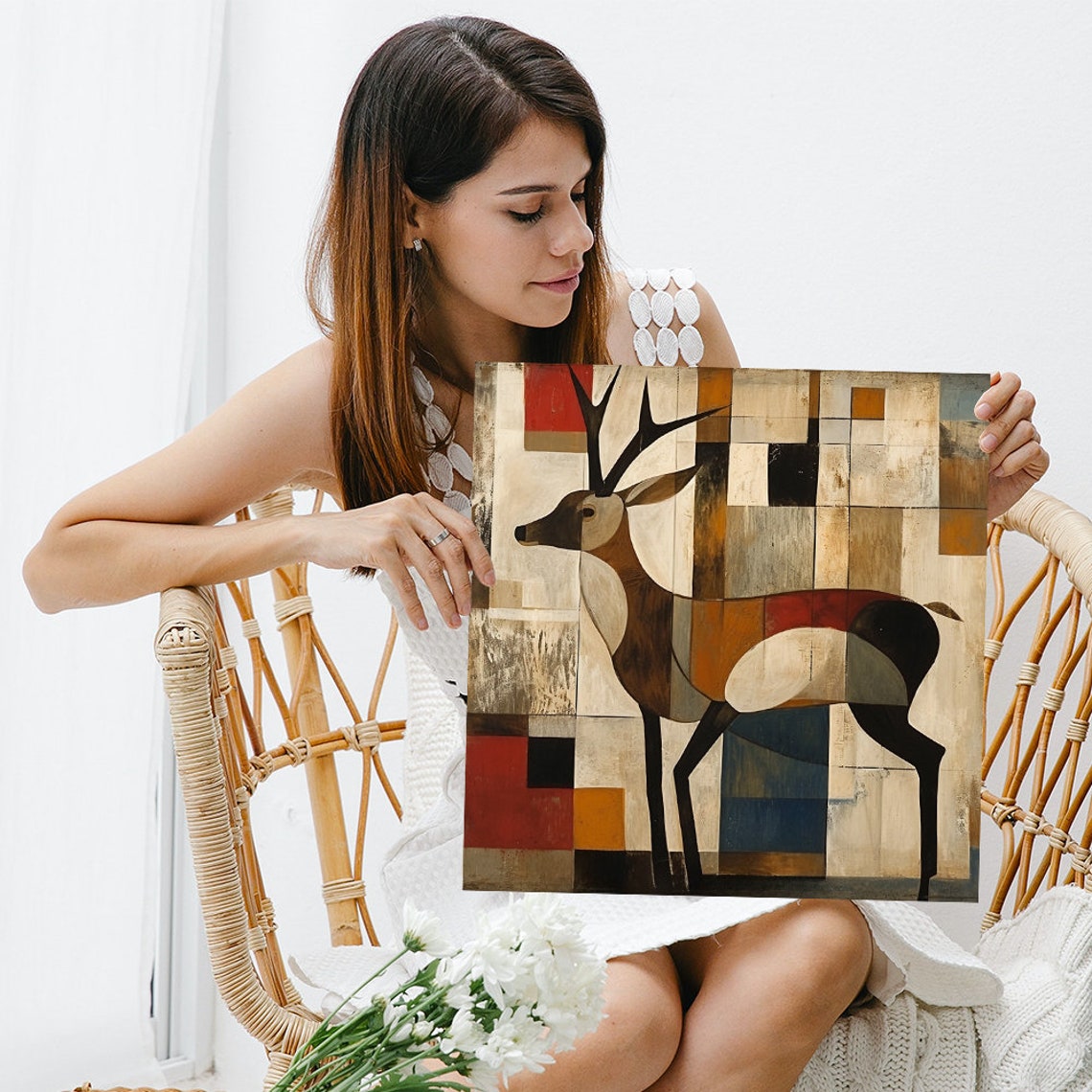 Geometric Cubist Stag Deer Abstract Earth Tone Blocks Art Poster - Image 3