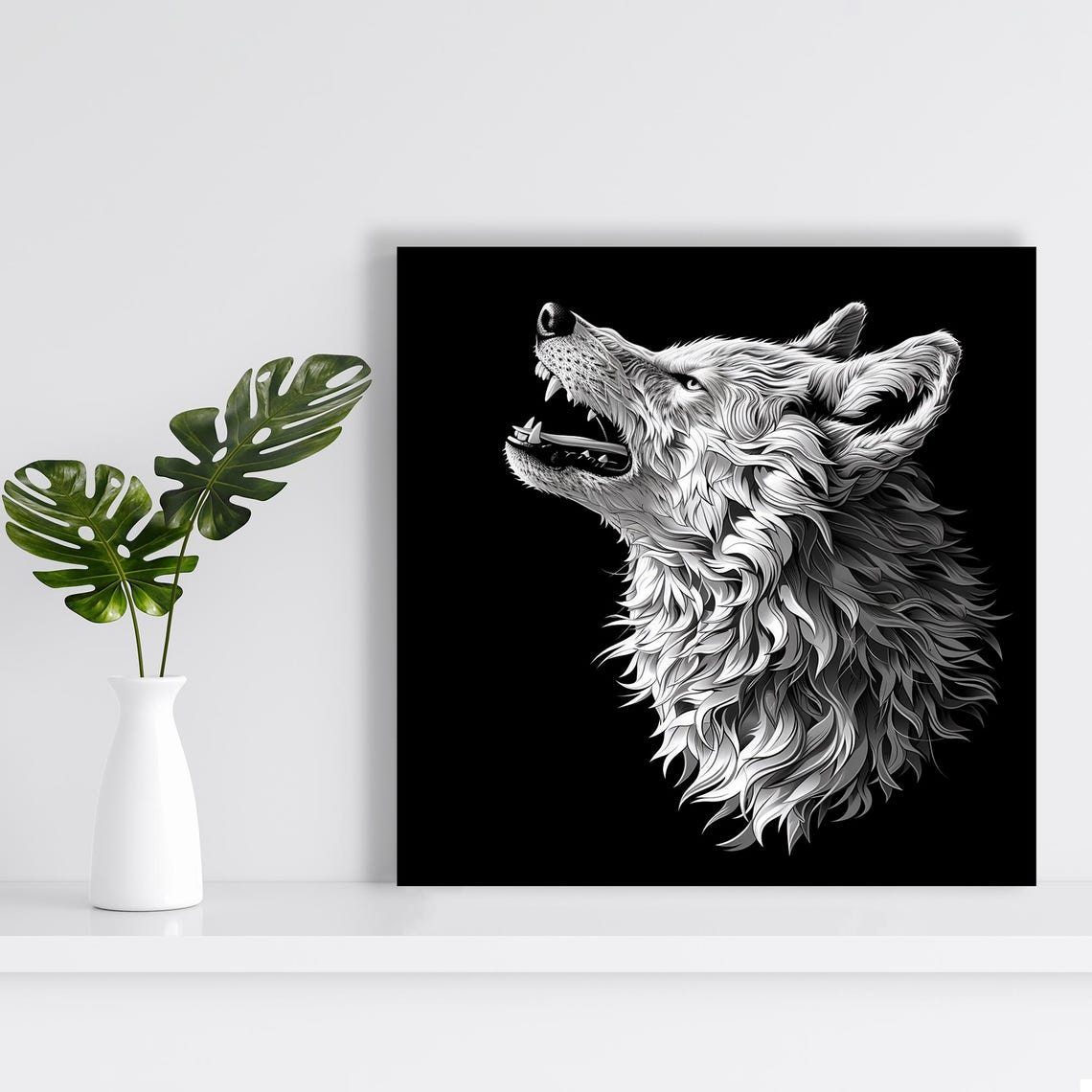Howling Wolf Head Engraving Style White On Black Wall Art Poster - Image 2