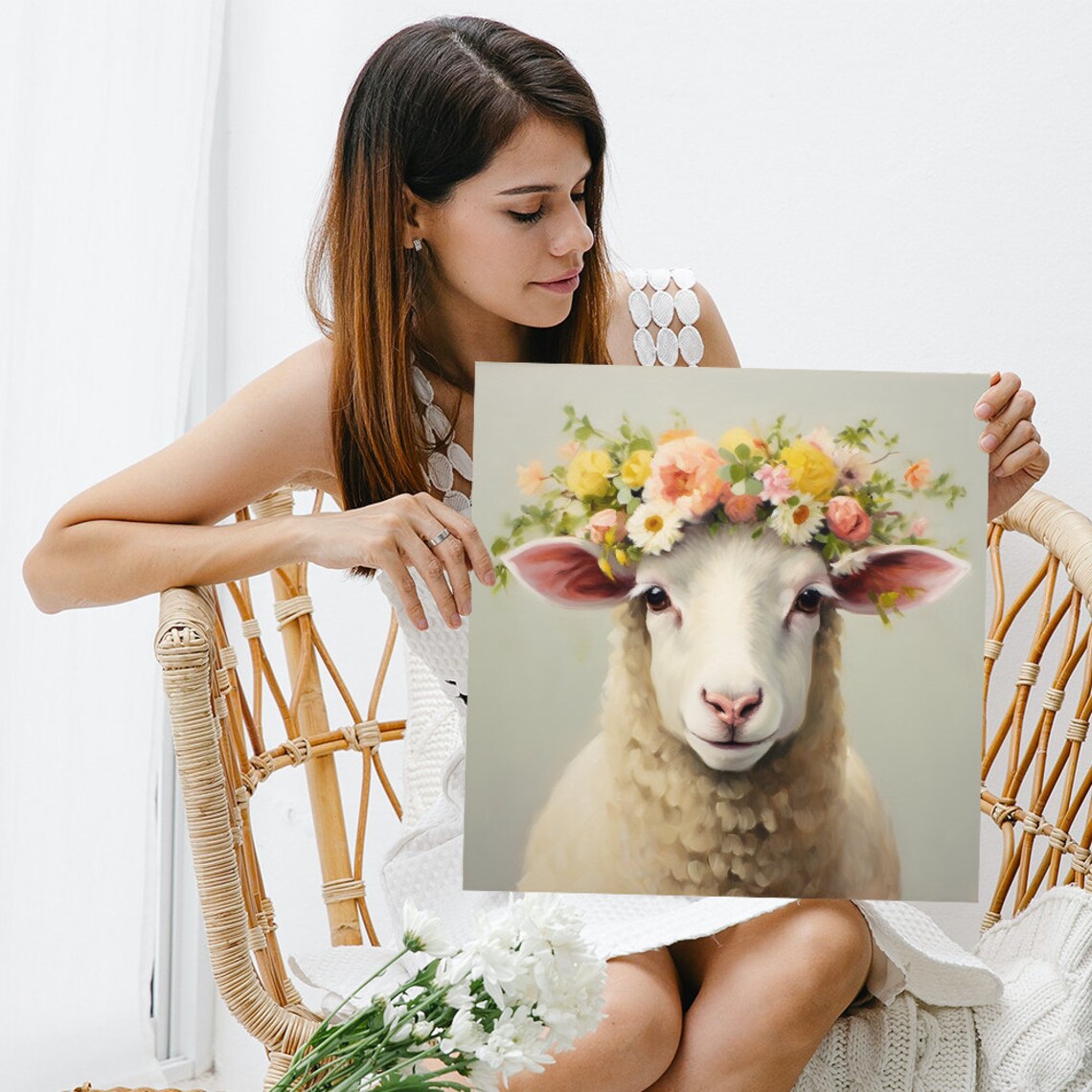 Floral Crown Sheep, Whimsical Farmhouse Art Print - Image 3