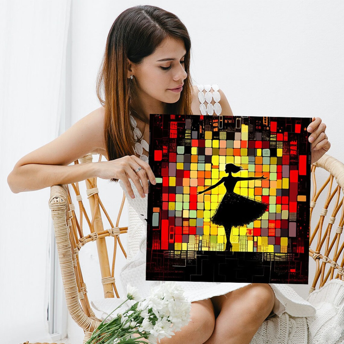 Dancer Silhouette Twirling Against Glowing Mosaic City Lights Art Poster - Image 3