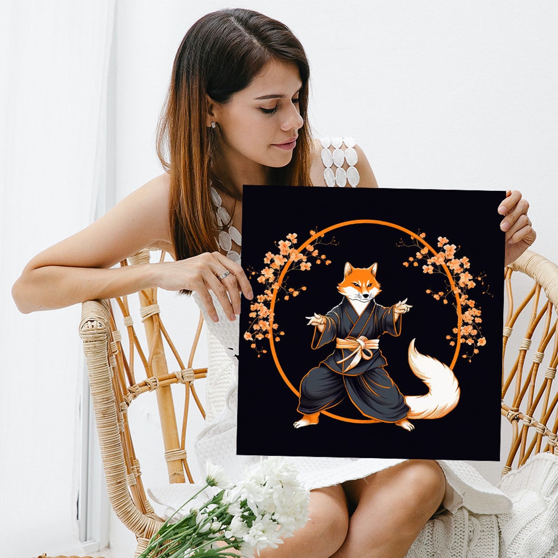 Zen Fox Martial Arts Kimono Cherry Blossom Black Wall Art Poster - Image 3