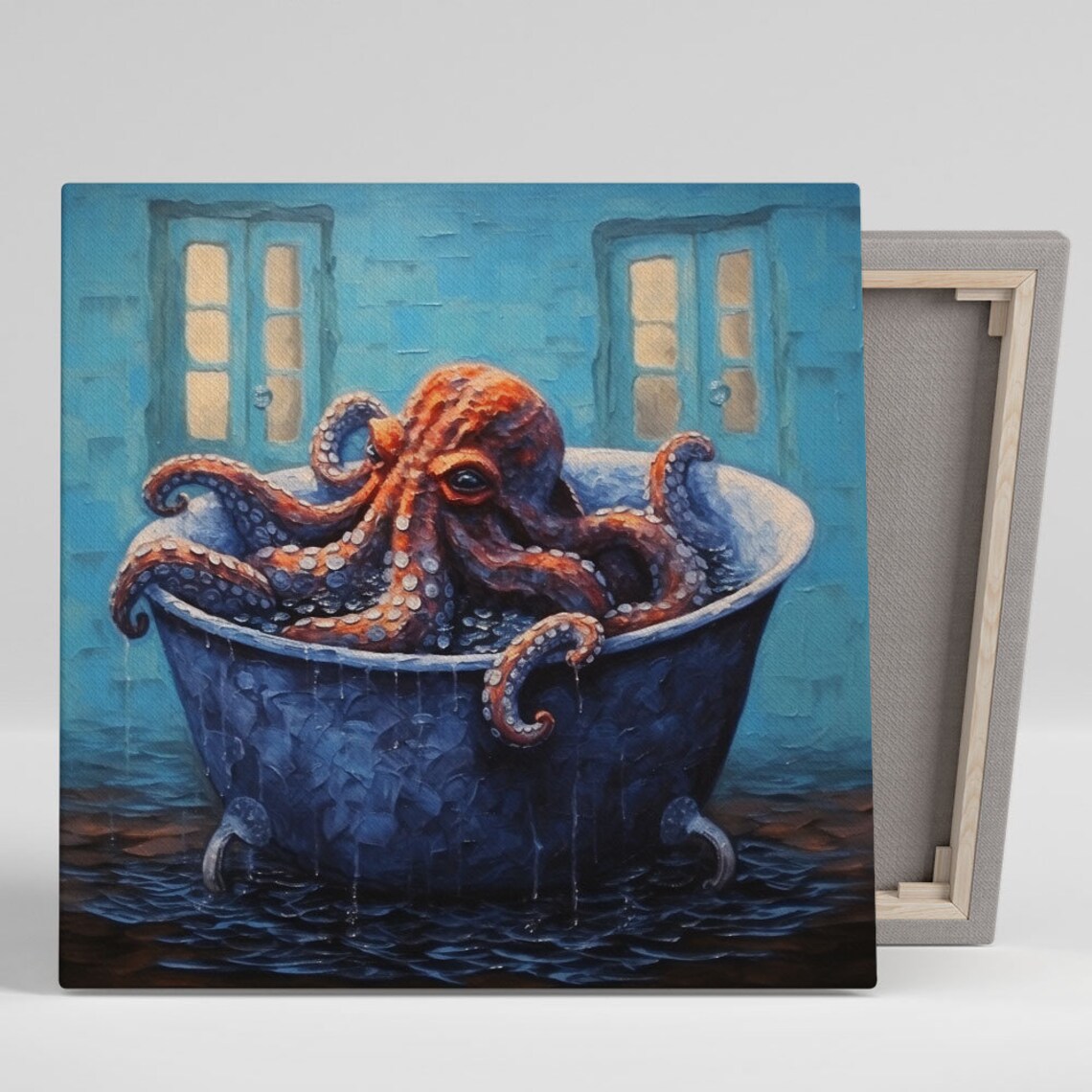Octopus in Bathtub Poster, Bathroom Animal Decor