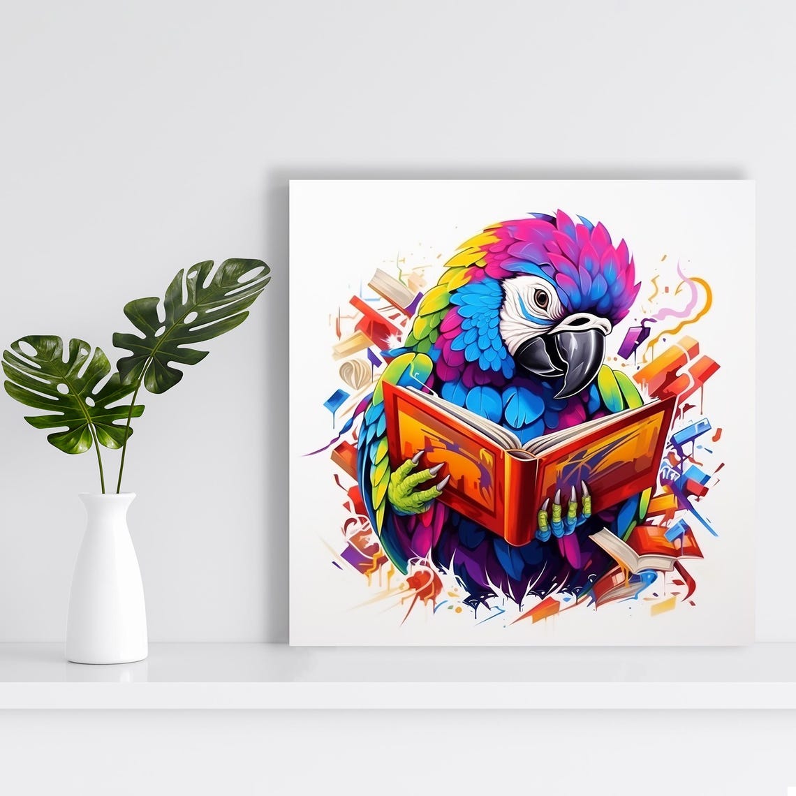 Colorful Parrot Reading Book Bibliophile Library Animal Art Poster - Image 2