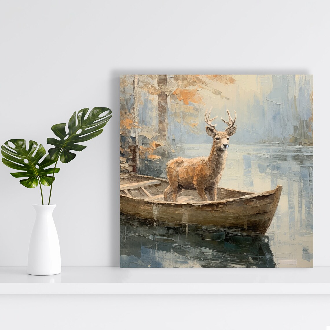 Deer Standing In Wooden Boat On Misty Lake Dreamy Impressionist Art Print - Image 2