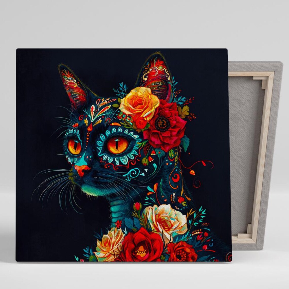 Day of the Dead Sugar Skull Cat Roses Neon Floral Black Background Wall Poster