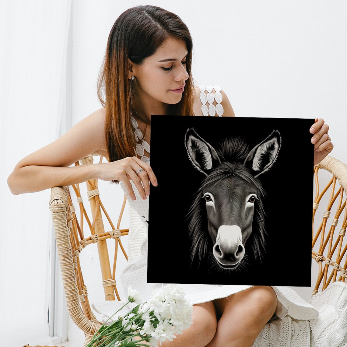 Monochrome Donkey Portrait Black Background Elegant Line Art Print - Image 3