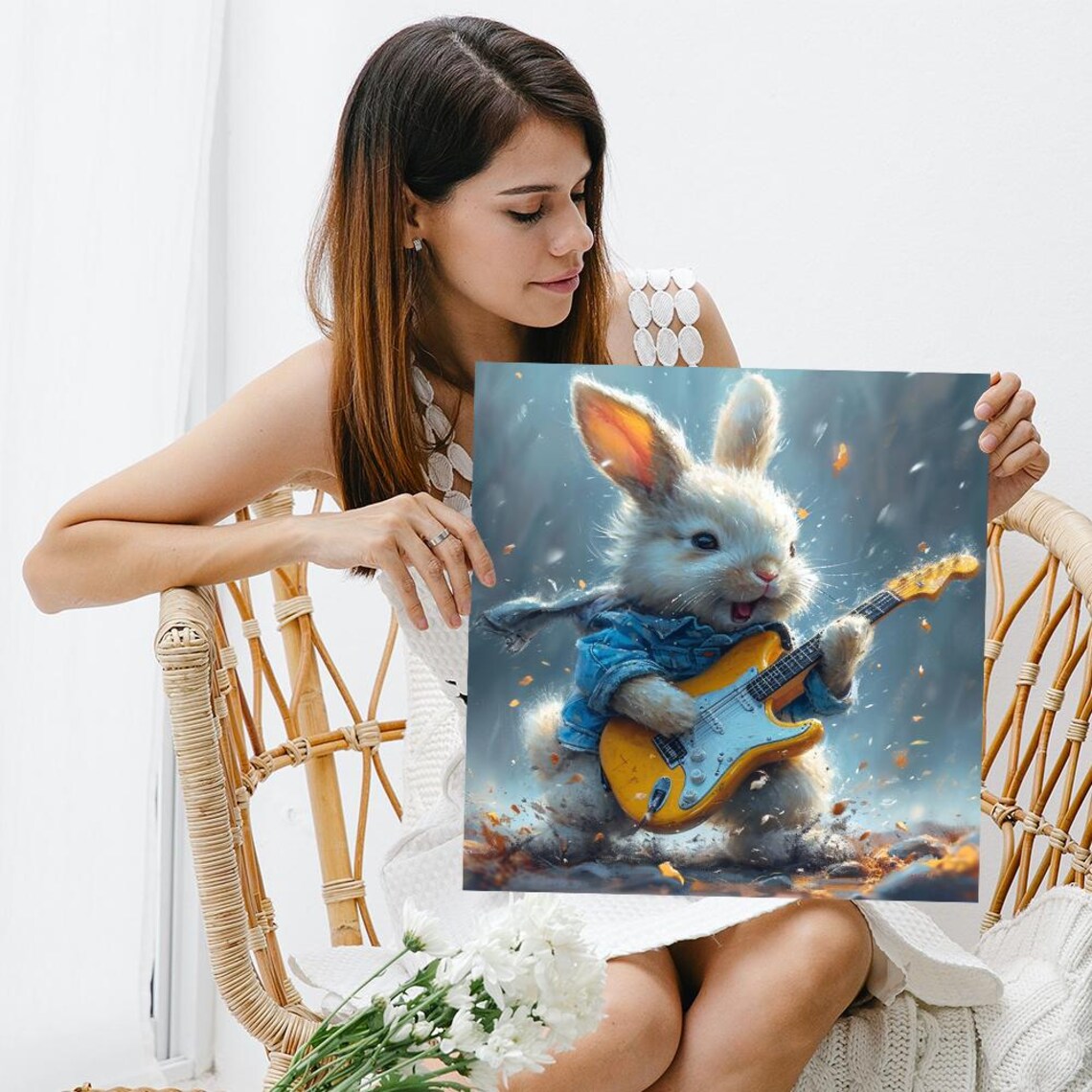 Rock Star Bunny Playing Electric Guitar Denim Jacket Cute Animal Poster - Image 3