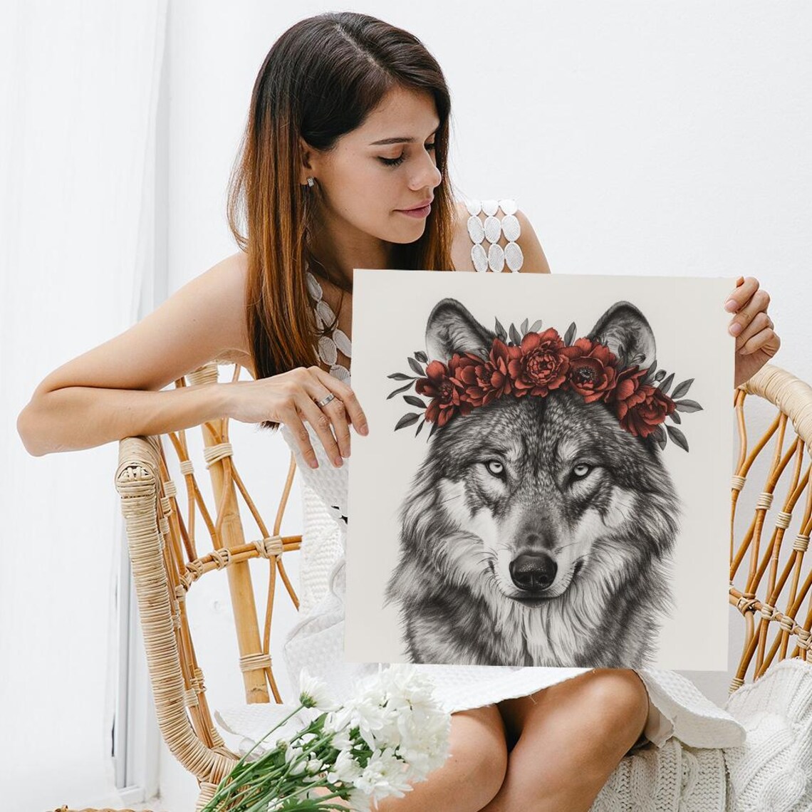 Wolf With Red Floral Crown Sketch Style Bohemian Nature Art Poster - Image 3