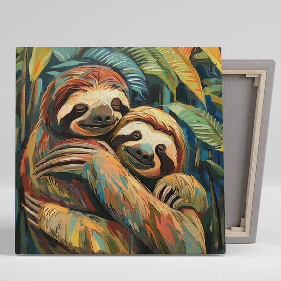 Two Sloths Hugging Tropical Leaves Painterly Wall Art Poster
