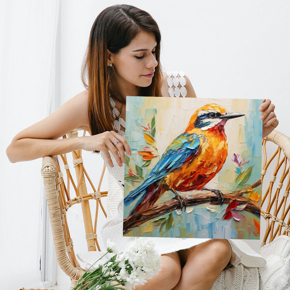 Colorful Impasto Oil Bird On Branch Blue Orange Painted Bird Poster - Image 3