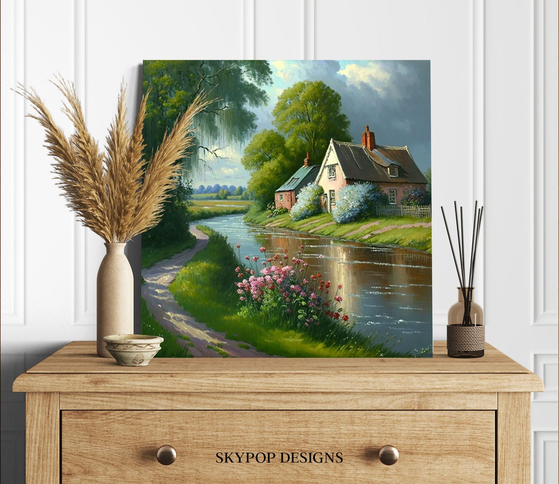 Country Cottage River Reflection Pink Wildflowers Idyllic Wall Poster - Image 2